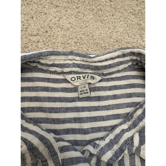 Orvis Linen Blend Top Blouse Striped L Women Blue White Coastal Beachy - Picture 2 of 5